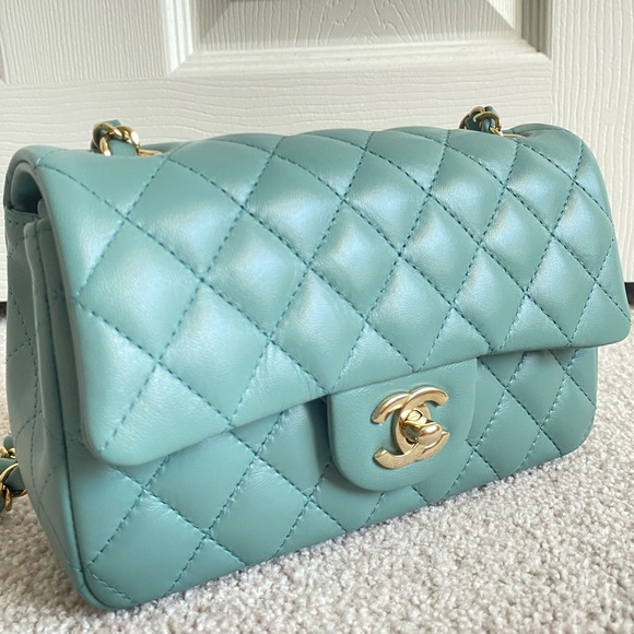FULL SET - CHANEL Mini Classic Handbag (Blue / Turquoise with Champagne Gold HW) - Picture 13 of 13